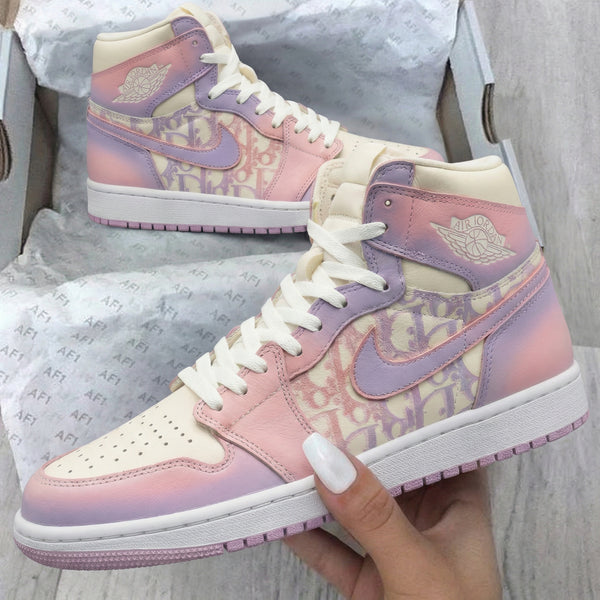 Custom AJ 1s Shoes Baby Pink Purple LV Pattern-oicustom