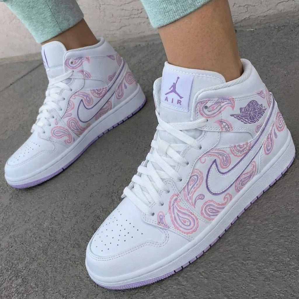 Custom AJ 1s Shoes Baby Pink Purple Paisley Pattern-oicustom