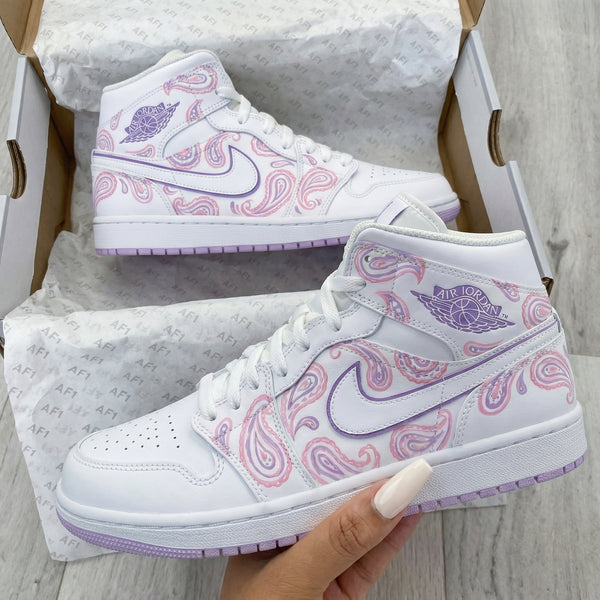 Custom AJ 1s Shoes Baby Pink Purple Paisley Pattern-oicustom