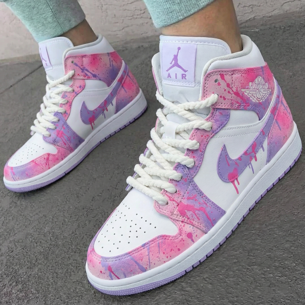 Custom AJ 1s Shoes Baby Pink Purple Splash Design-oicustom