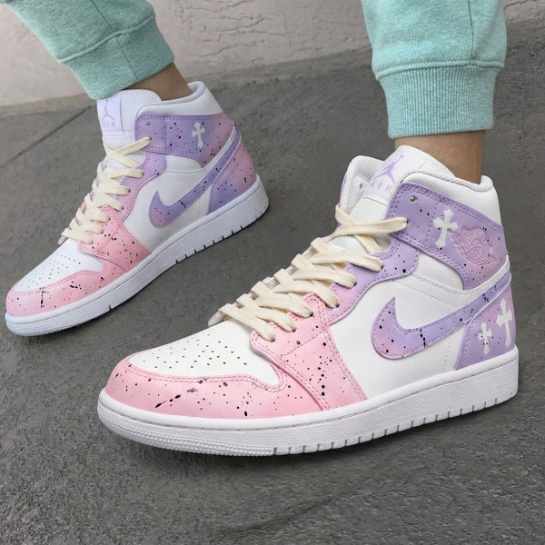 Custom AJ 1s Shoes Baby Pink Purple with Cross Pattern-oicustom