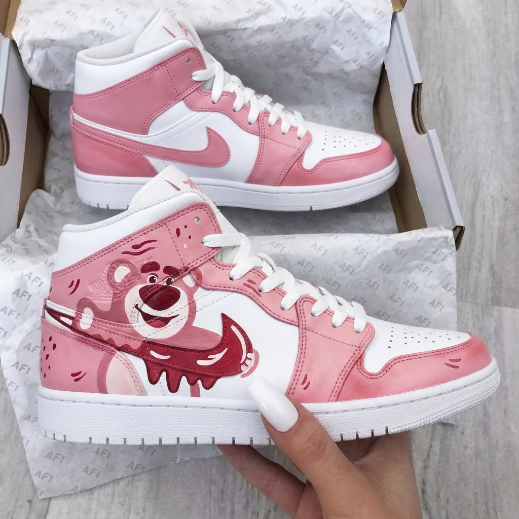 Custom AJ 1s Shoes Baby Pink Red Lotso Bear Pattern-oicustom