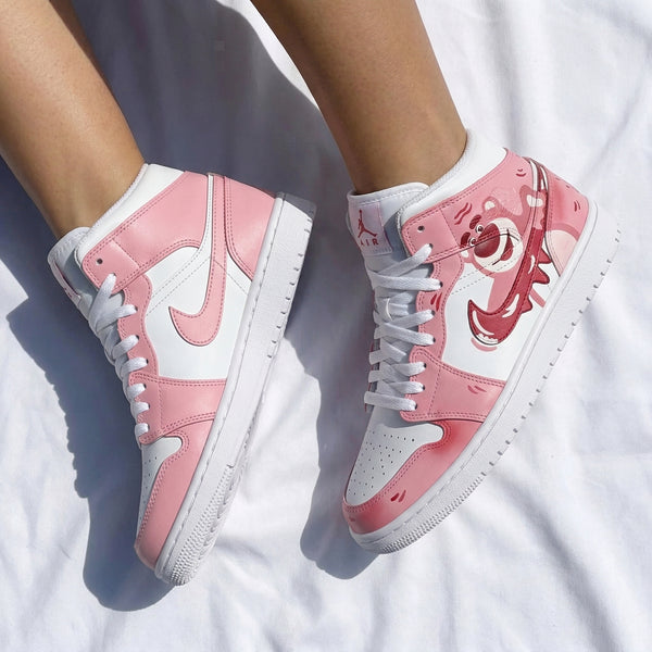 Custom AJ 1s Shoes Baby Pink Red Lotso Bear Pattern-oicustom