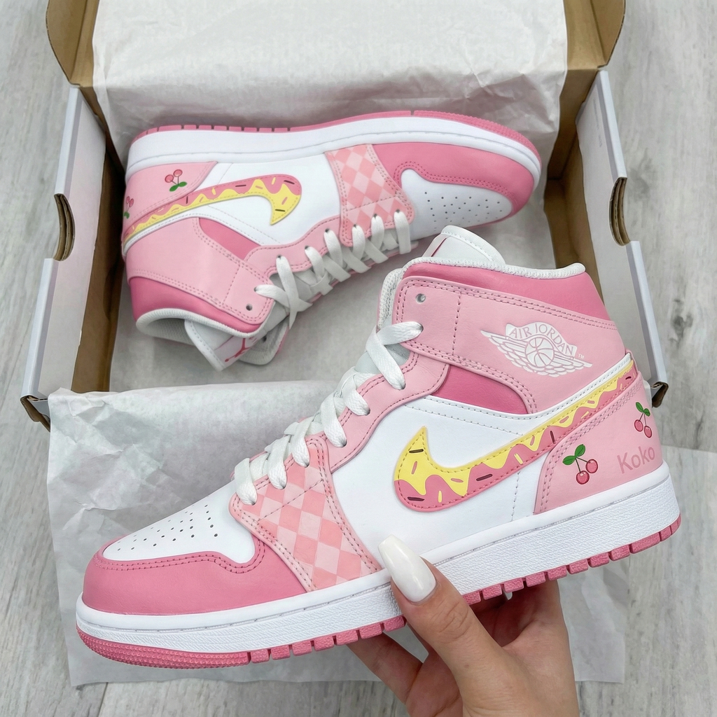 Custom AJ 1s Shoes Baby Pink White Cherries Checkered Donut Swoosh-oicustom