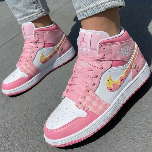 Custom AJ 1s Shoes Baby Pink White Cherries Checkered Donut Swoosh-oicustom
