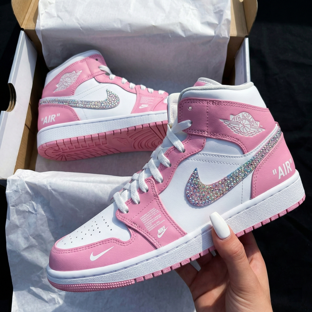 Custom AJ 1s Shoes Baby Pink White Rhinestone Swoosh-oicustom