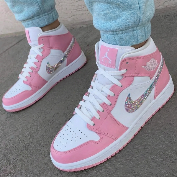 Custom AJ 1s Shoes Baby Pink White Rhinestone Swoosh-oicustom
