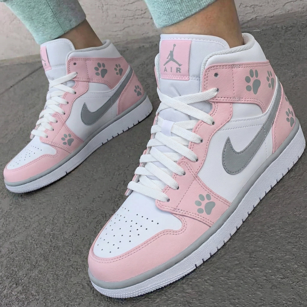 Custom AJ 1s Shoes Baby Pink White with Paw Prints-oicustom