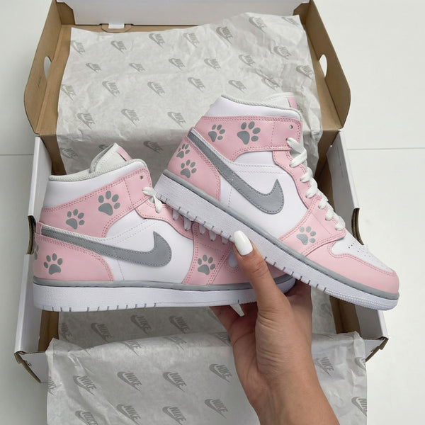 Custom AJ 1s Shoes Baby Pink White with Paw Prints-oicustom