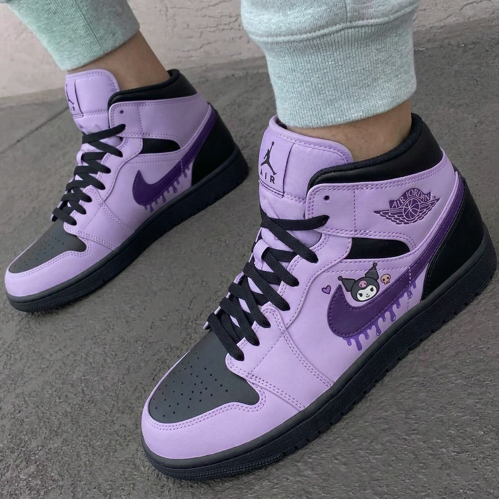 Custom AJ 1s Shoes Baby Purple Black Kuromi Cartoon Skull Heart Drip-oicustom