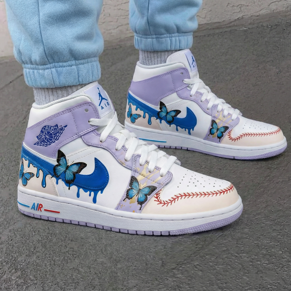 Custom AJ 1s Shoes Baby Purple Blue with Butterflies and Baseball Stitches-oicustom