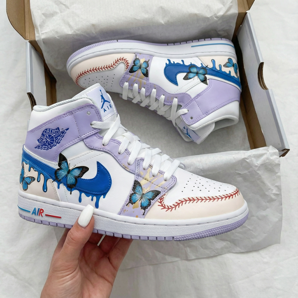 Custom AJ 1s Shoes Baby Purple Blue with Butterflies and Baseball Stitches-oicustom
