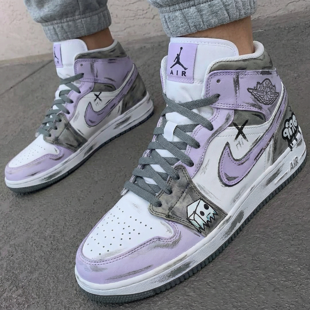 Custom AJ 1s Shoes Baby Purple Grey Graffiti Design-oicustom