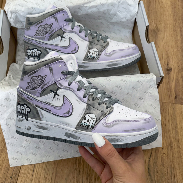 Custom AJ 1s Shoes Baby Purple Grey Graffiti Design-oicustom