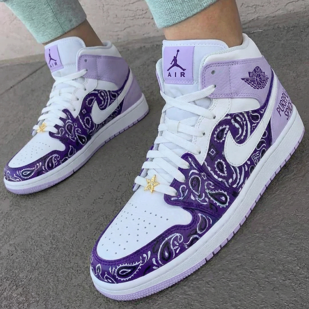 Custom AJ 1s Shoes Baby Purple White Paisley Pattern-oicustom