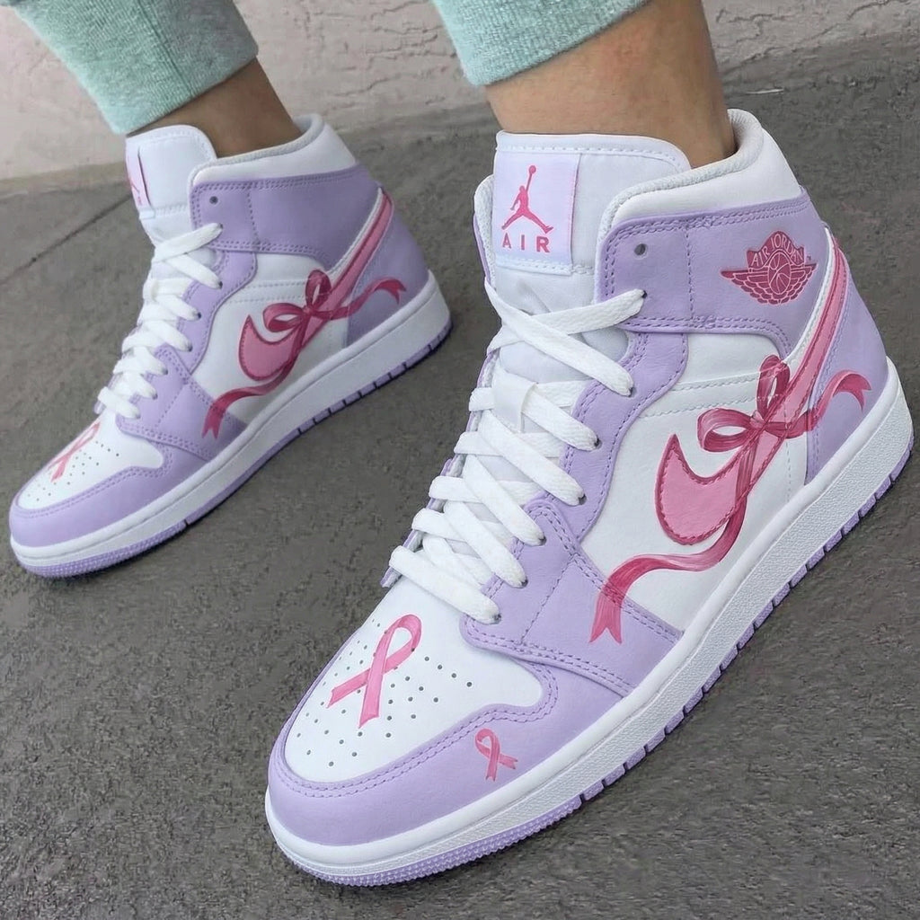 Custom AJ 1s Shoes Baby Purple White with Pink Ribbon Design-oicustom