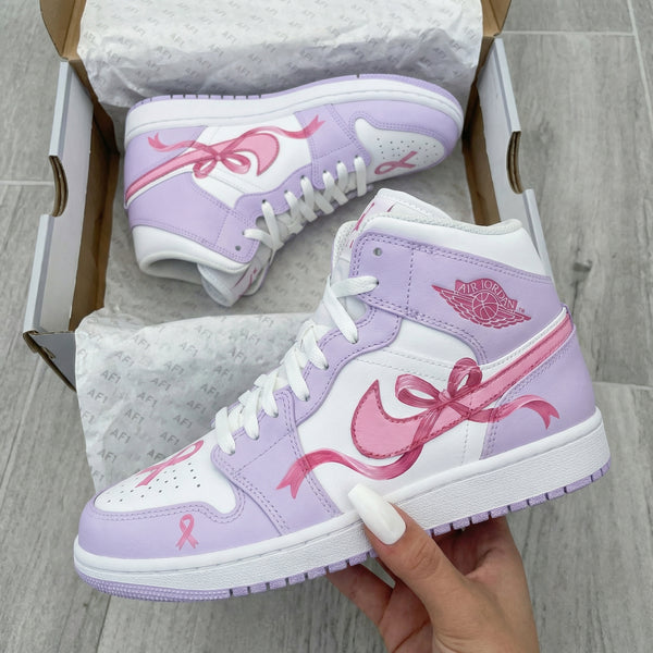 Custom AJ 1s Shoes Baby Purple White with Pink Ribbon Design-oicustom