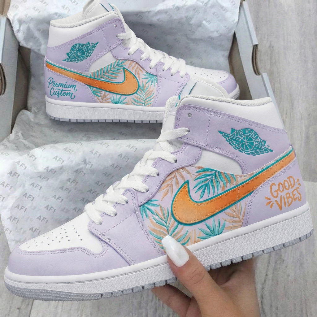 Custom AJ 1s Shoes Baby Purple White with Tropical Leaf Pattern-oicustom