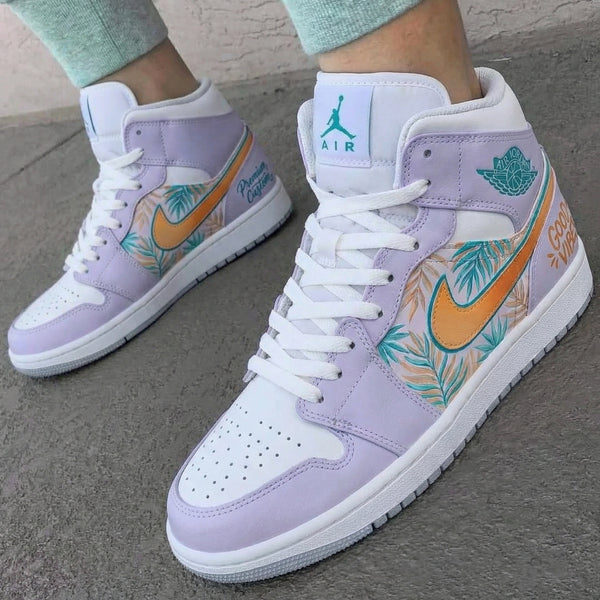 Custom AJ 1s Shoes Baby Purple White with Tropical Leaf Pattern-oicustom