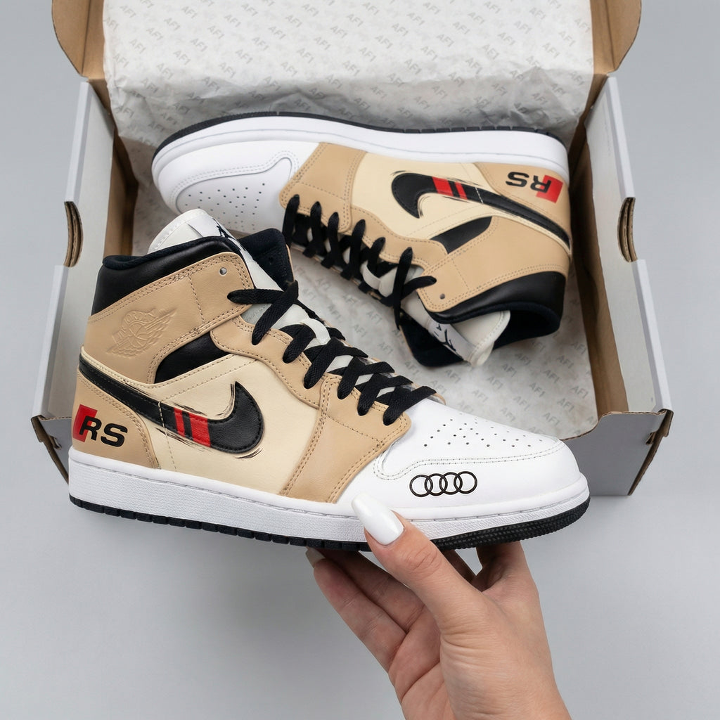Custom AJ 1s Shoes Beige Black Audi RS Logos Black Swoosh Red Stripes-oicustom