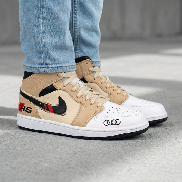 Custom AJ 1s Shoes Beige Black Audi RS Logos Black Swoosh Red Stripes-oicustom