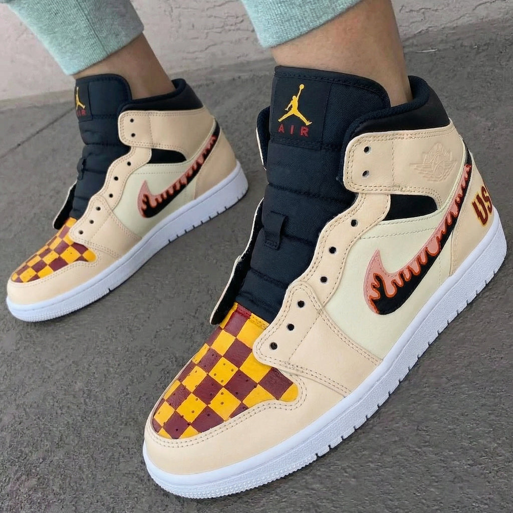 Custom AJ 1s Shoes Beige Black Checkerboard Flames-oicustom