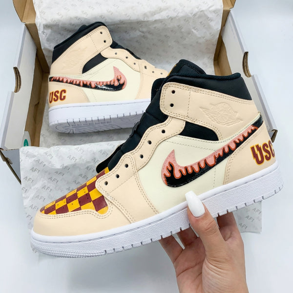 Custom AJ 1s Shoes Beige Black Checkerboard Flames-oicustom