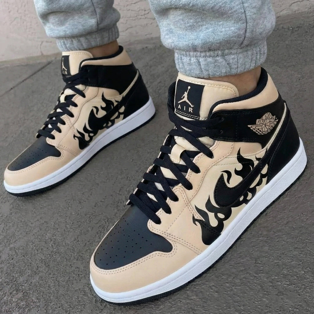 Custom AJ 1s Shoes Beige Black Flame Design-oicustom