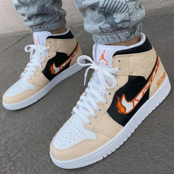 Custom AJ 1s Shoes Beige Black Flame Design-oicustom