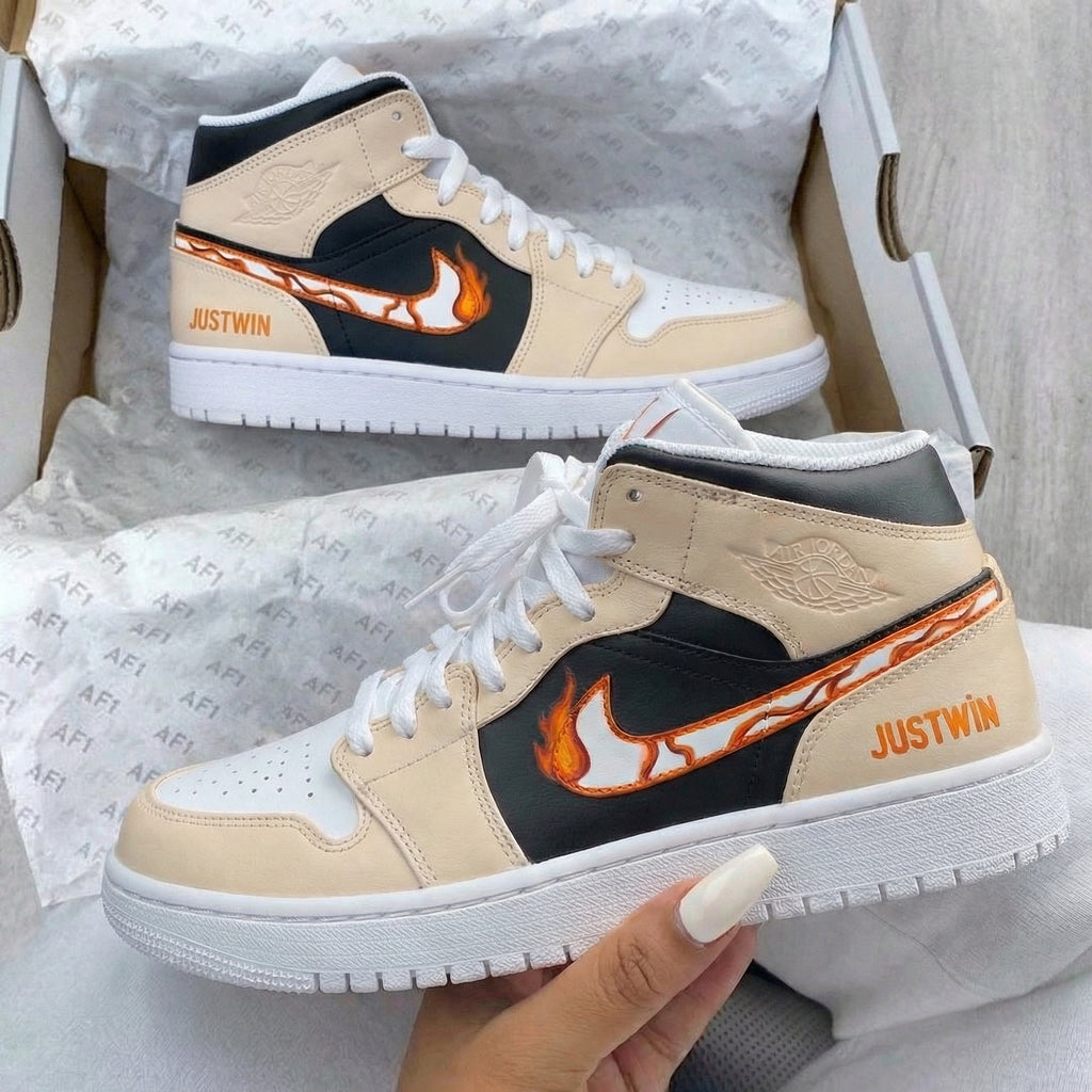 Custom AJ 1s Shoes Beige Black Flame Design-oicustom