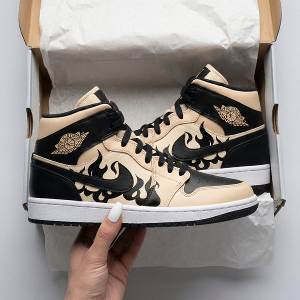 Custom AJ 1s Shoes Beige Black Flame Design-oicustom
