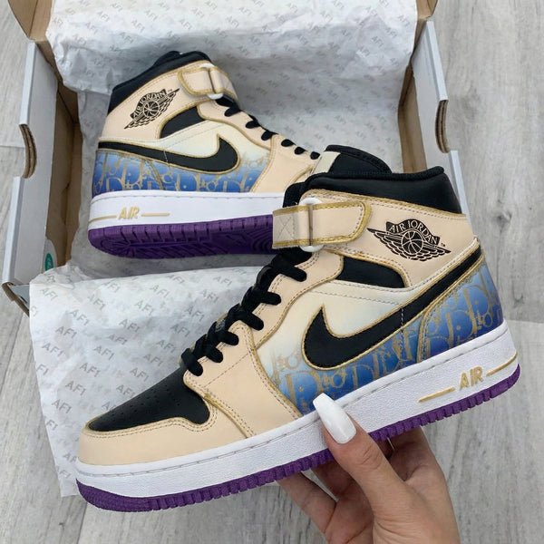 Custom AJ 1s Shoes Beige Black Pattern-oicustom