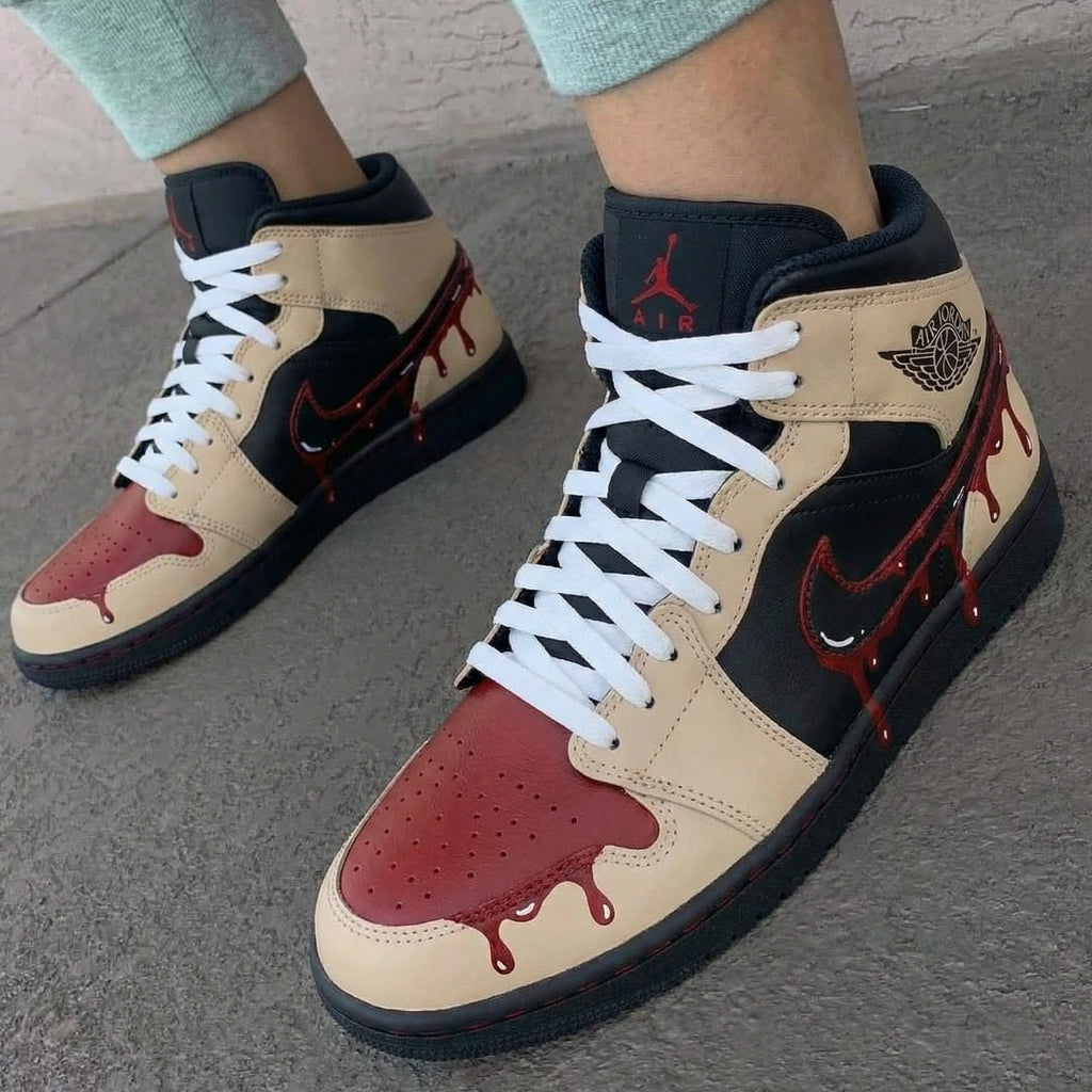 Custom AJ 1s Shoes Beige Black with Blood Drip Design-oicustom