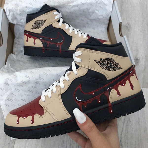 Custom AJ 1s Shoes Beige Black with Blood Drip Design-oicustom