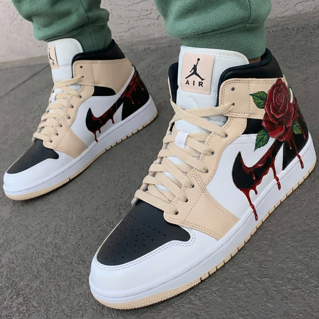 Custom AJ 1s Shoes Beige Black with Rose and Blood Drip Design-oicustom