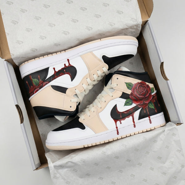 Custom AJ 1s Shoes Beige Black with Rose and Blood Drip Design-oicustom