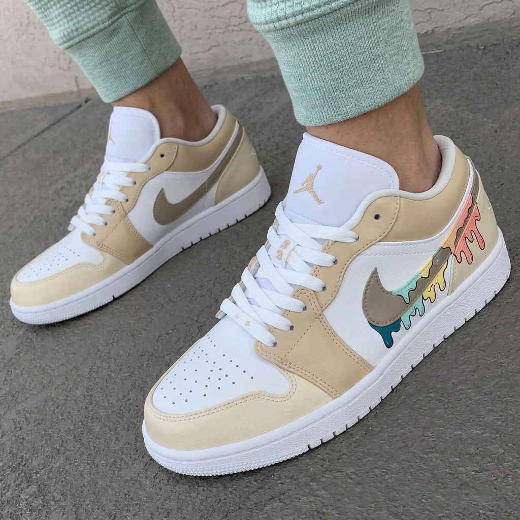 Custom AJ 1s Shoes Beige Colorful Drip Design-oicustom