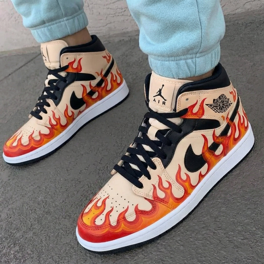 Custom AJ 1s Shoes Beige Flame Pattern-oicustom