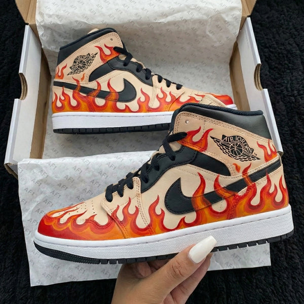 Custom AJ 1s Shoes Beige Flame Pattern-oicustom