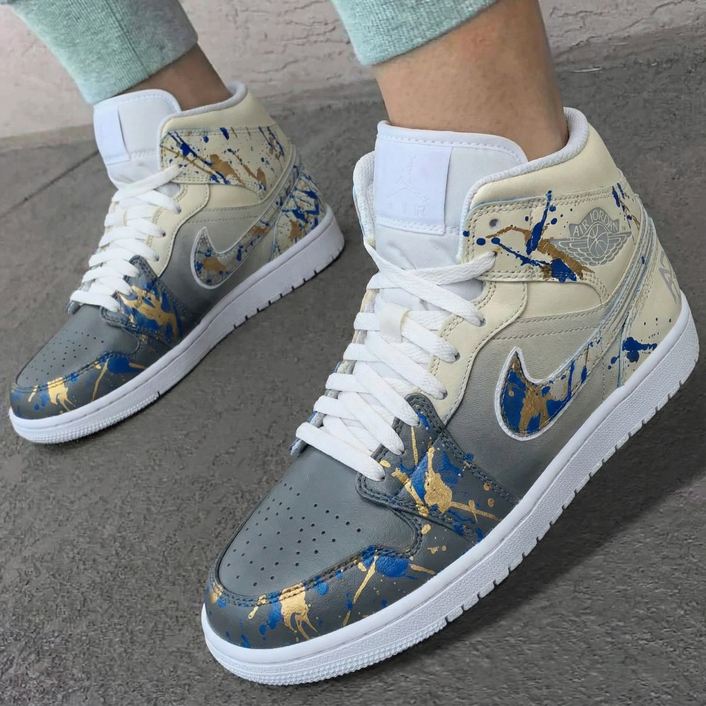 Custom AJ 1s Shoes Beige Grey with Blue and Gold Splatter-oicustom