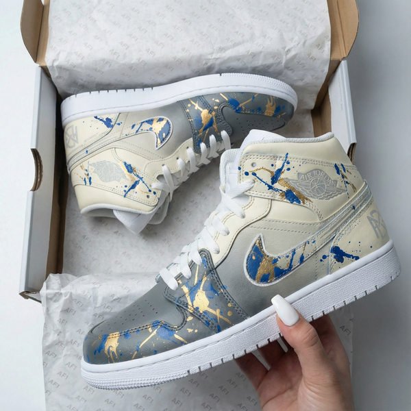 Custom AJ 1s Shoes Beige Grey with Blue and Gold Splatter-oicustom