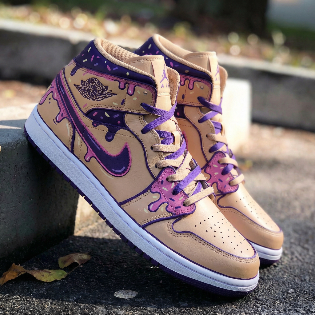 Custom AJ 1s Shoes Beige Pink Purple Melting Drip Design-oicustom