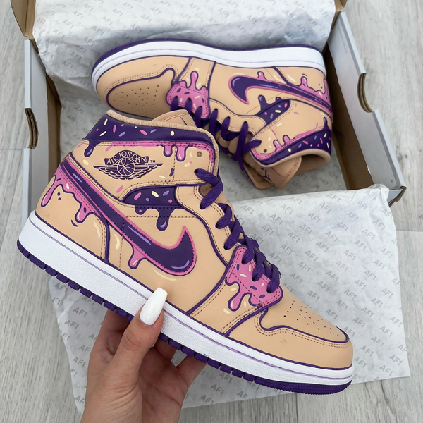 Custom AJ 1s Shoes Beige Pink Purple Melting Drip Design-oicustom