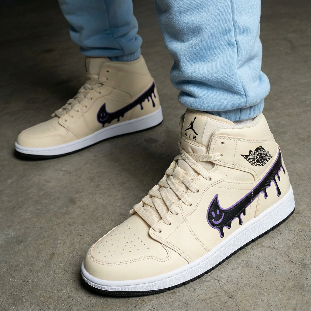 Custom AJ 1s Shoes Beige Purple Dripping Smiley Design-oicustom