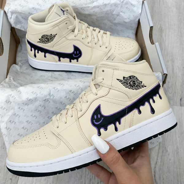 Custom AJ 1s Shoes Beige Purple Dripping Smiley Design-oicustom