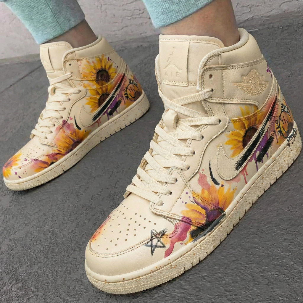 Custom AJ 1s Shoes Beige Sunflower Pattern-oicustom