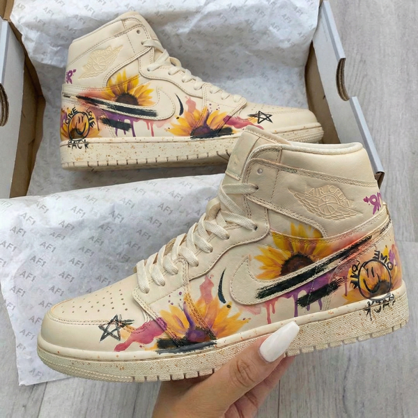Custom AJ 1s Shoes Beige Sunflower Pattern-oicustom