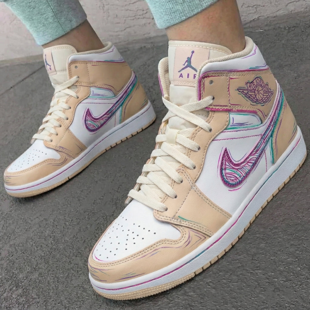 Custom AJ 1s Shoes Beige White Sketch Pattern-oicustom