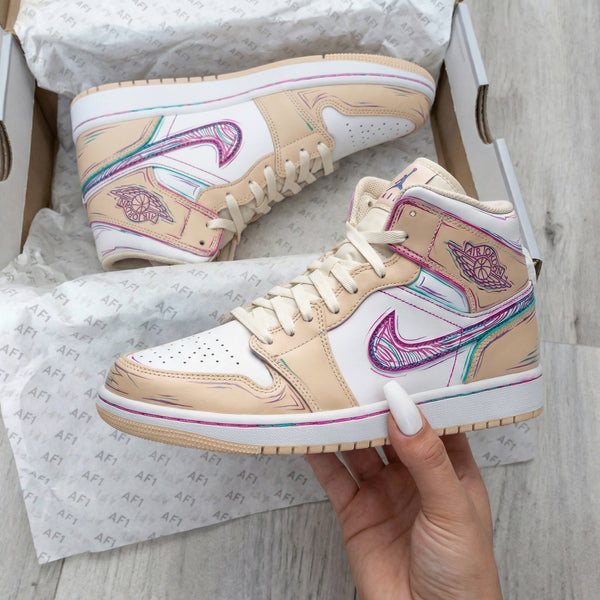 Custom AJ 1s Shoes Beige White Sketch Pattern-oicustom