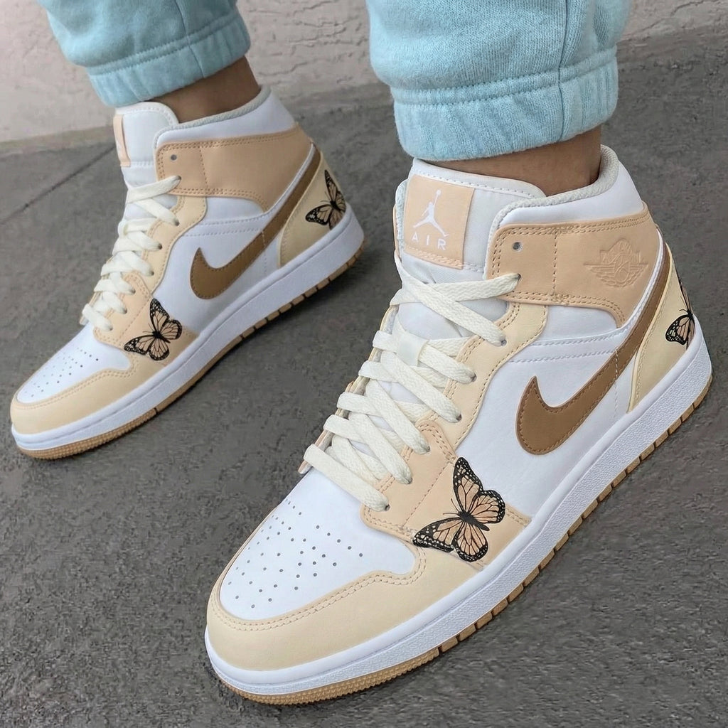 Custom AJ 1s Shoes Beige White with Butterflies-oicustom